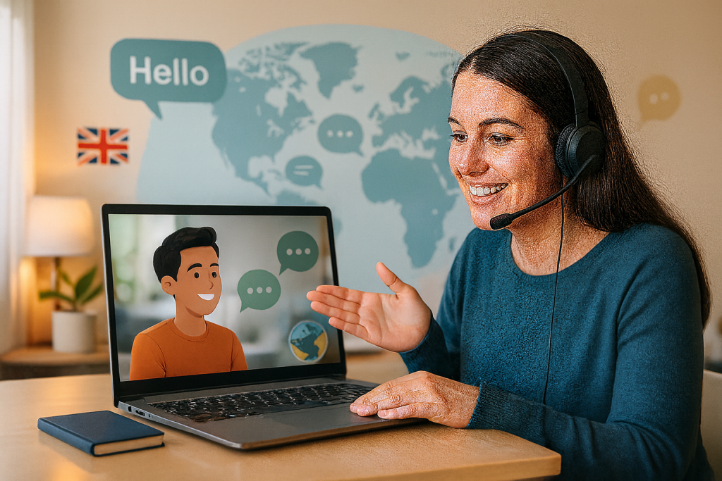 Online English teacher video-chatting with a student on a laptop