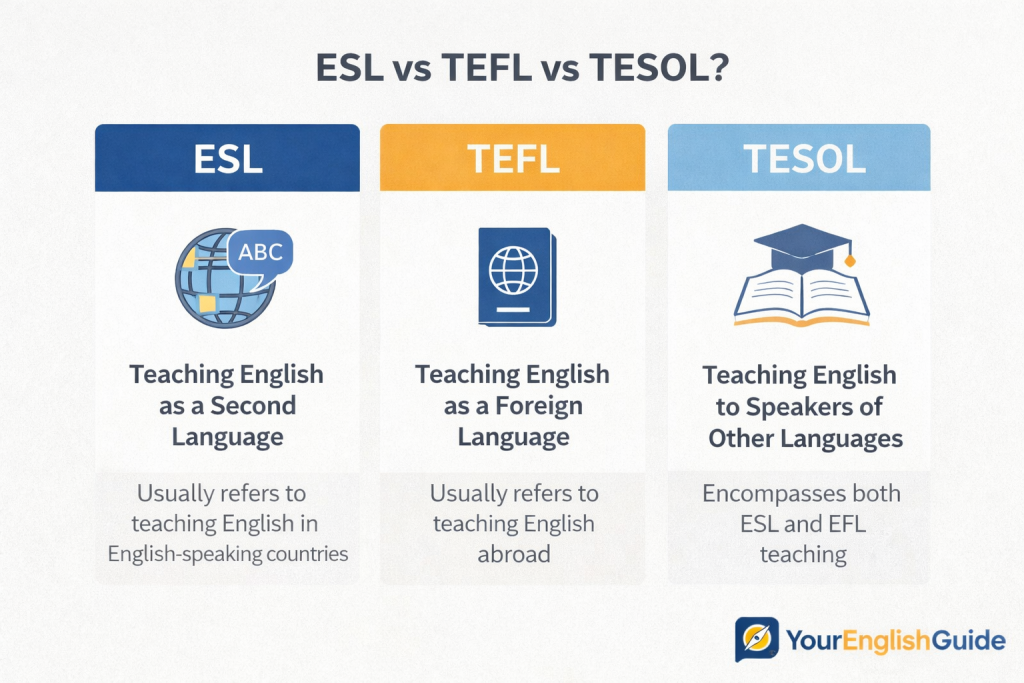 ESL vs TEFL vs TESOL certification explained