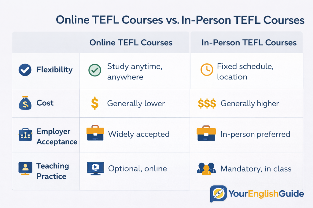 Online vs in-person TEFL courses comparison
